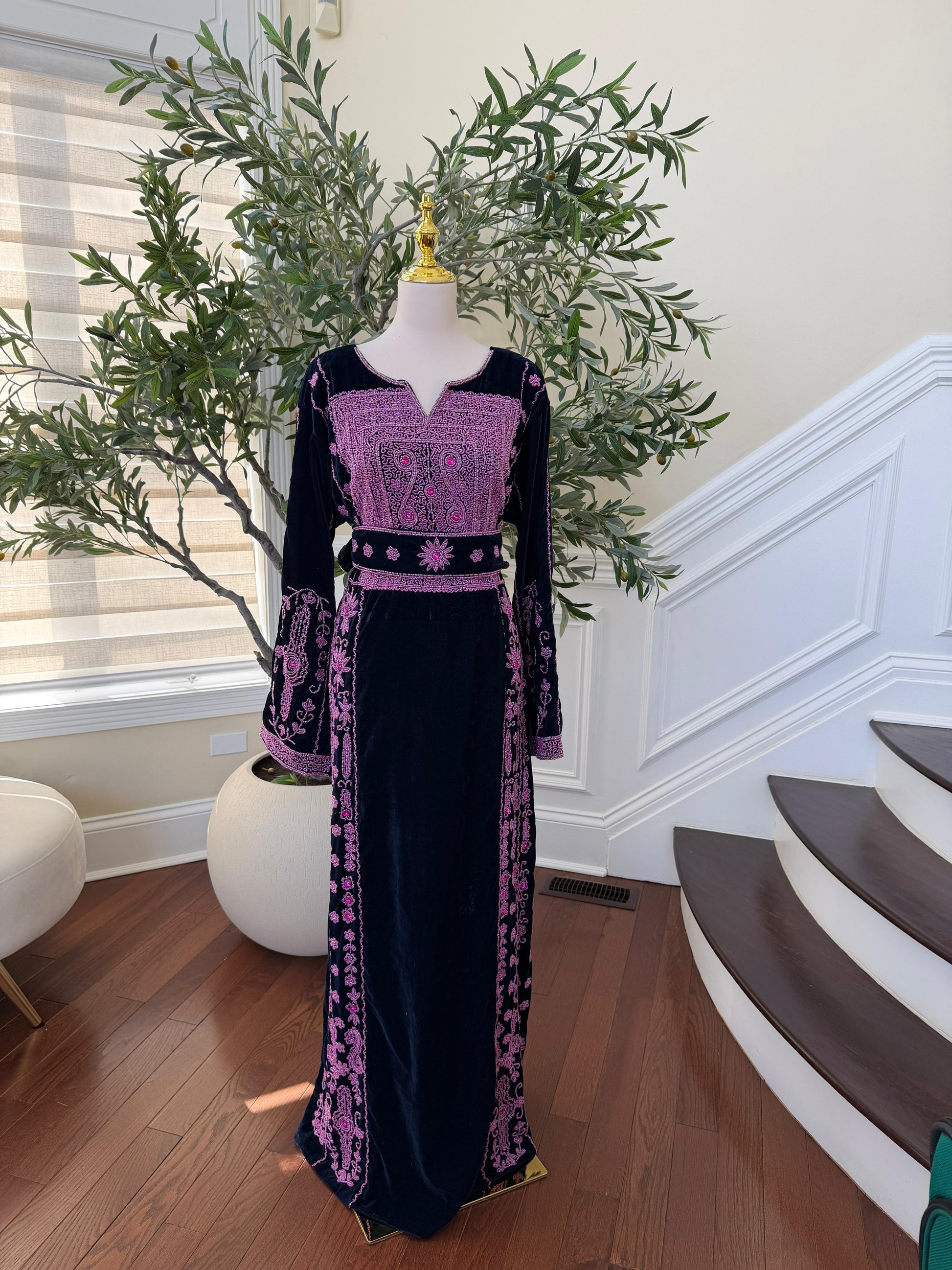 Navy Blue Velvet Pink Stone Thobe