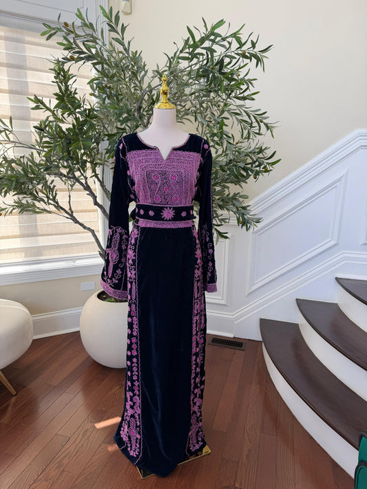 Navy Blue Velvet Pink Stone Thobe