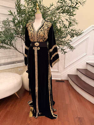 Midnight Black Royale Velvet Kuftan with Golden Embellished Detail