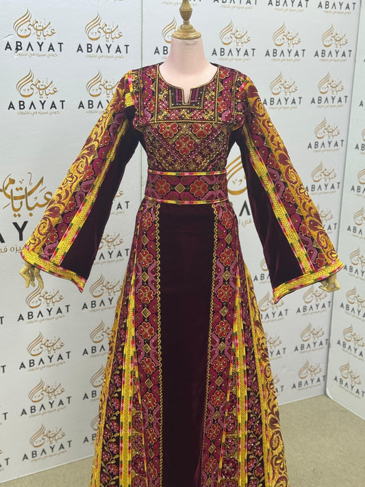 Royal Burgundy Velvet Palestinian Thobe – Golden Embroidery