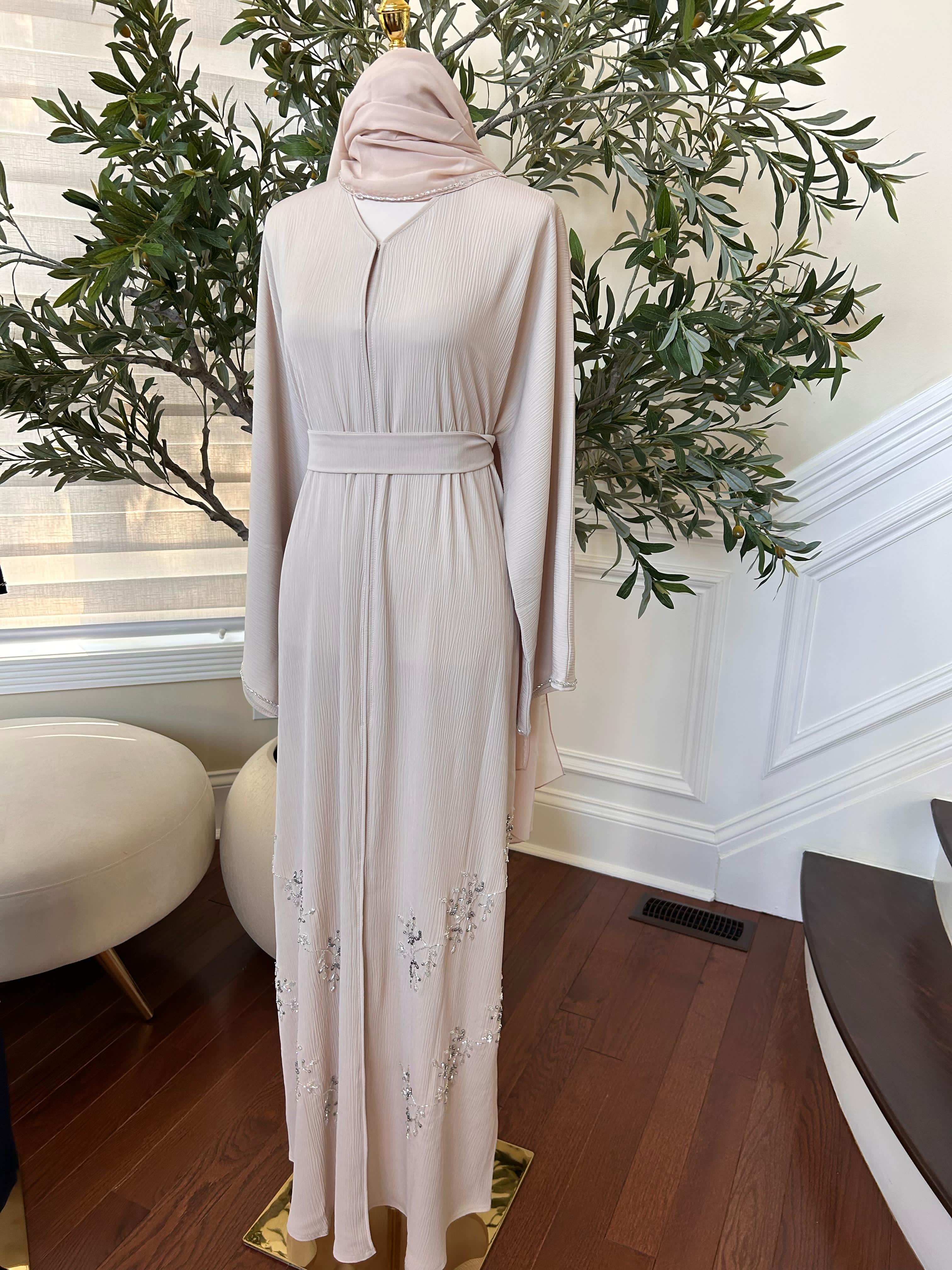 Cream Crystal Beaded Abaya