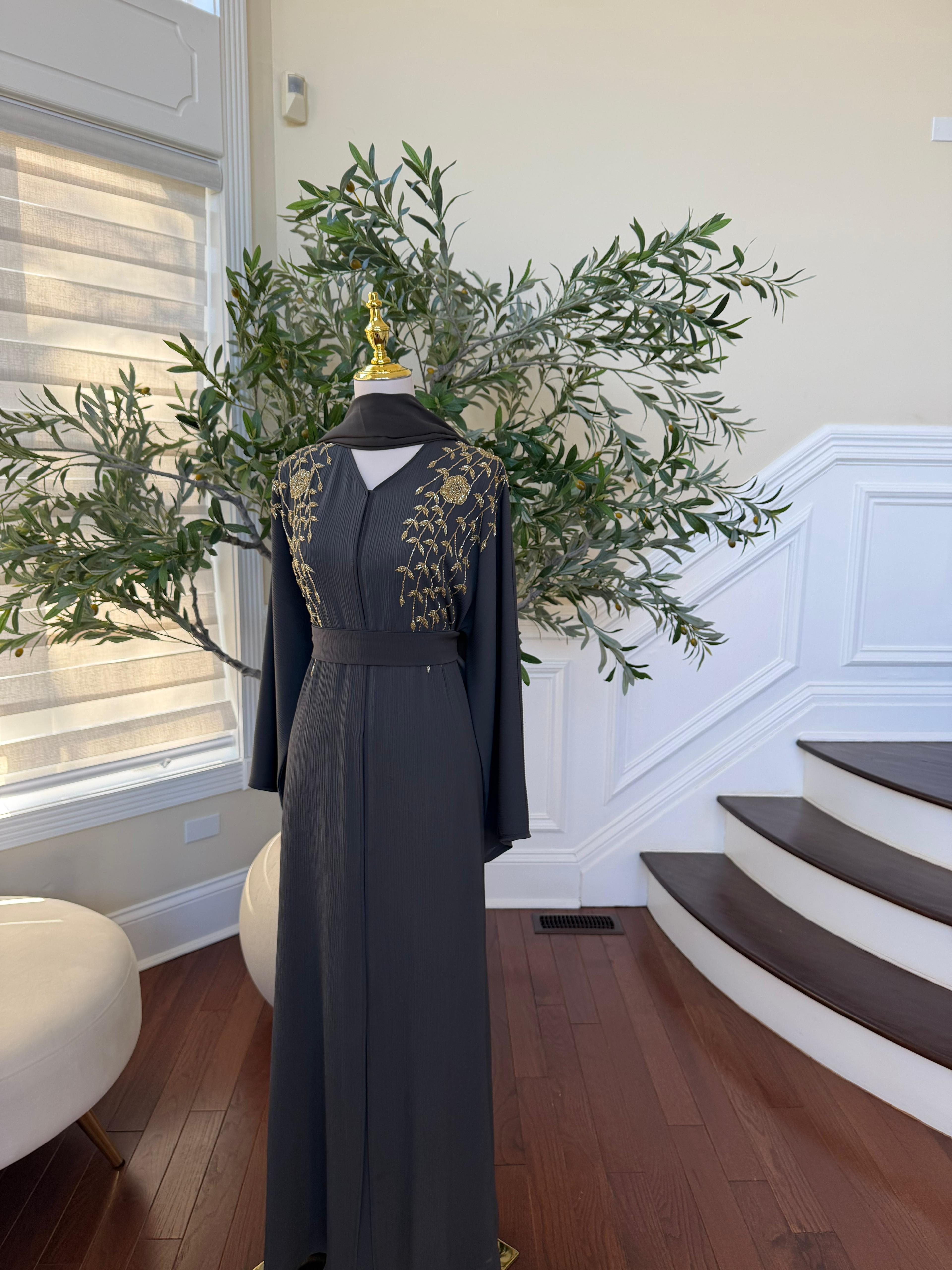 Golden Grey Beaded Floral Abaya