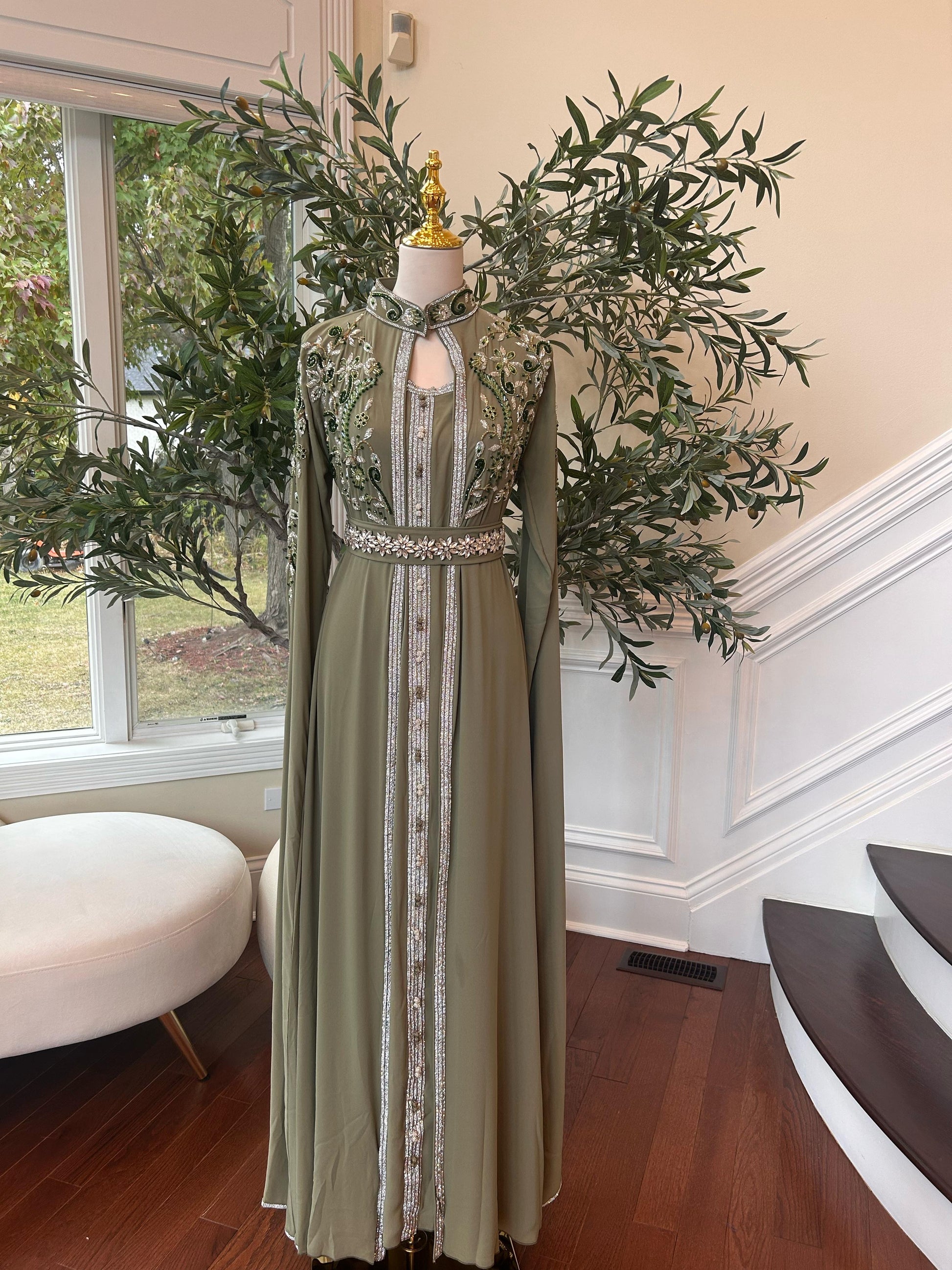 Olive Beaded Stone Kuftan