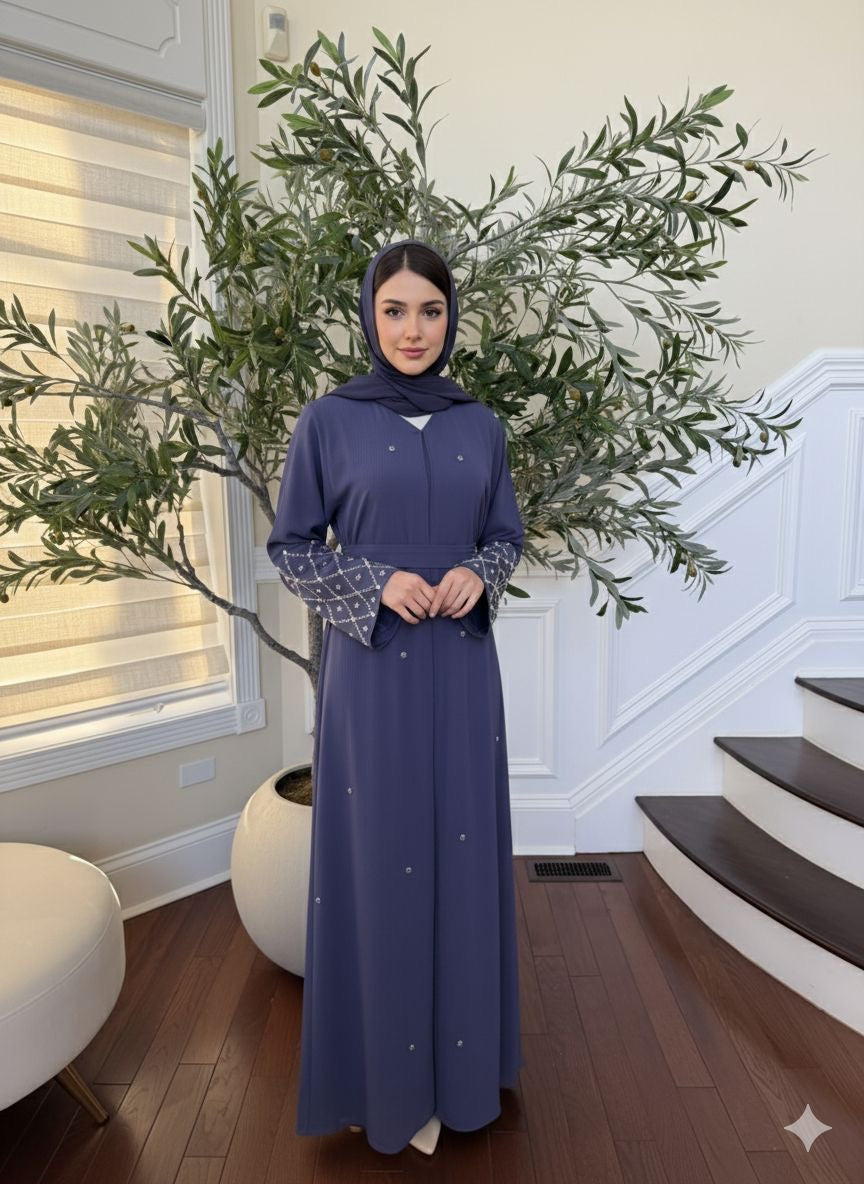 Lavender Blue Charm Stone Beaded Abaya