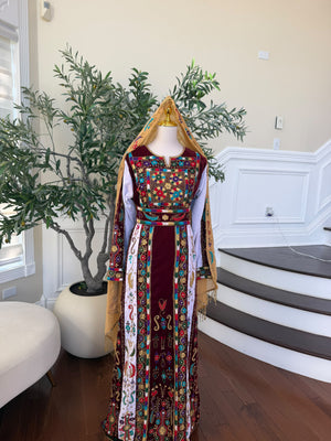 Elegant Burgundy Velvet Thobe with Colorful Embroidery and Matching Skirt included (scarf not included)