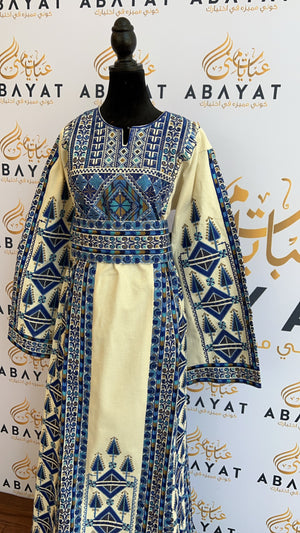 Palestinian Beige & Blue Color Embroidery Thobe #42570