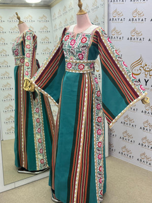 Emerald & Floral Palestinian Thobe – Traditional Embroidered Maxi Dress”
