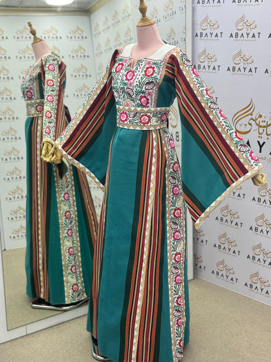 Emerald & Floral Palestinian Thobe – Traditional Embroidered Maxi Dress”