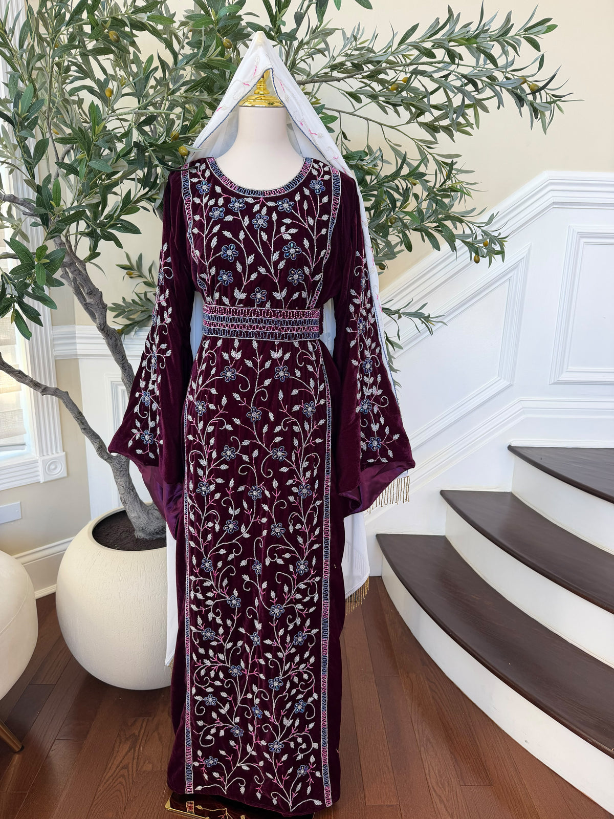 Elegant Burgundy Velvet Thobe with Blue and Silver Floral Embroidery (scarf not included)