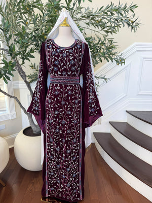 Elegant Burgundy Velvet Thobe with Blue and Silver Floral Embroidery (scarf not included)