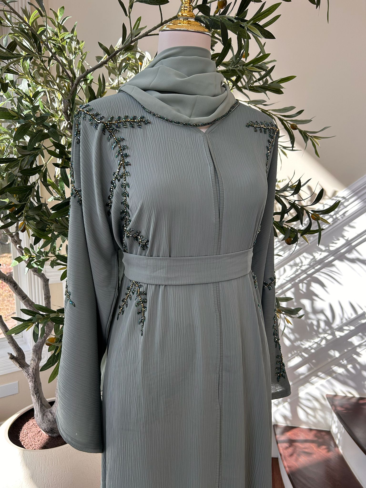 Mint Green Floral Charm Abaya