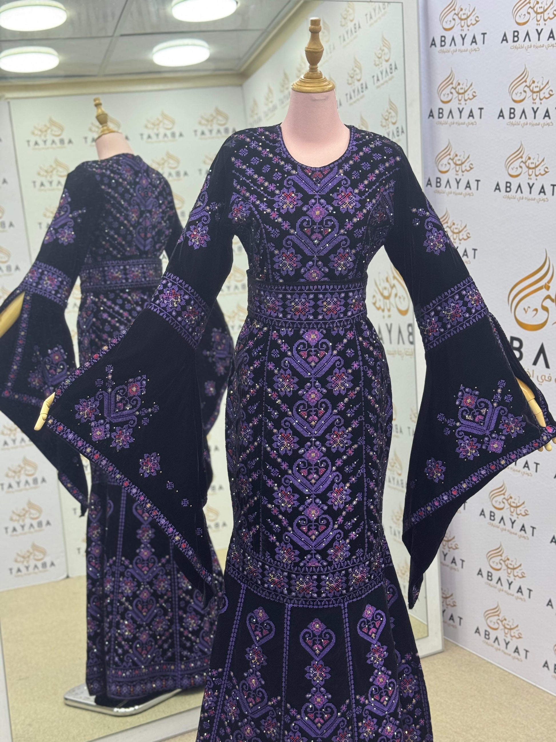 Black Velvet Palestinian Thobe – Purple Tatreez Embroidery with Belt A09042025