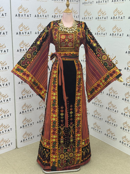 Premium Palestinian Malakah Velvet Thobe – Black & Burgundy Embroidery