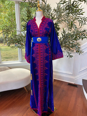 Blue Velvet Embellished Pink Kuftan
