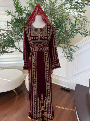 Elegant Burgundy Velvet Palestinian Thobe with Intricate Gold Embroidery( scarf not included)