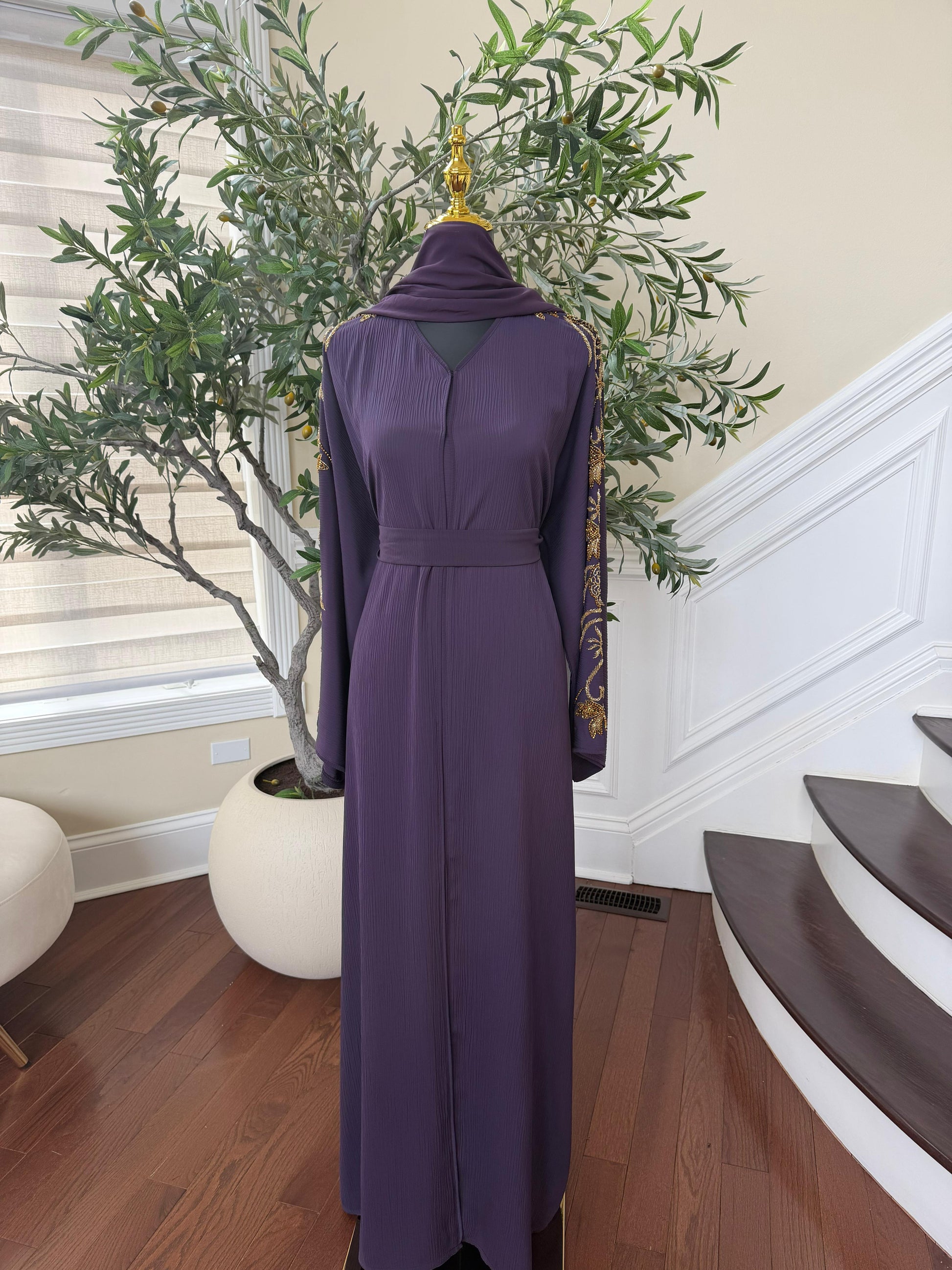 Purple Beaded Sleeve Abaya