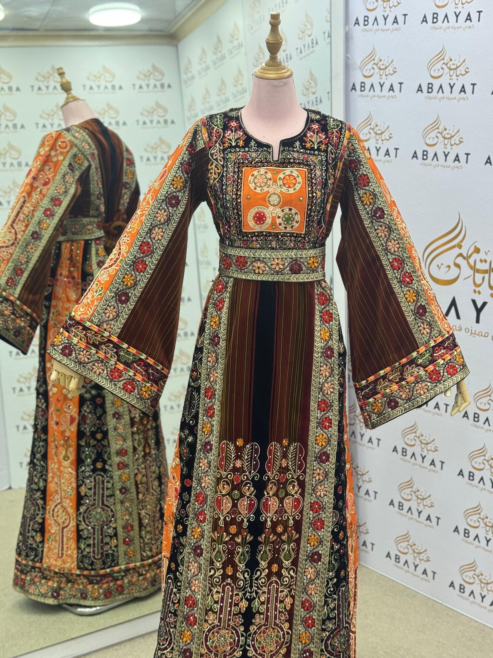 Premium Palestinian Velvet Thobe – Orange & Olive Tatreez Jana & Nar