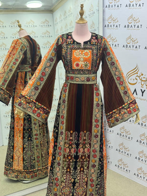 Premium Palestinian Velvet Thobe – Orange & Olive Tatreez Jana & Nar