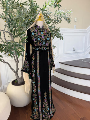 Elegant Black Velvet Thobe with Multicolor Floral Embroidery(scarf not included)