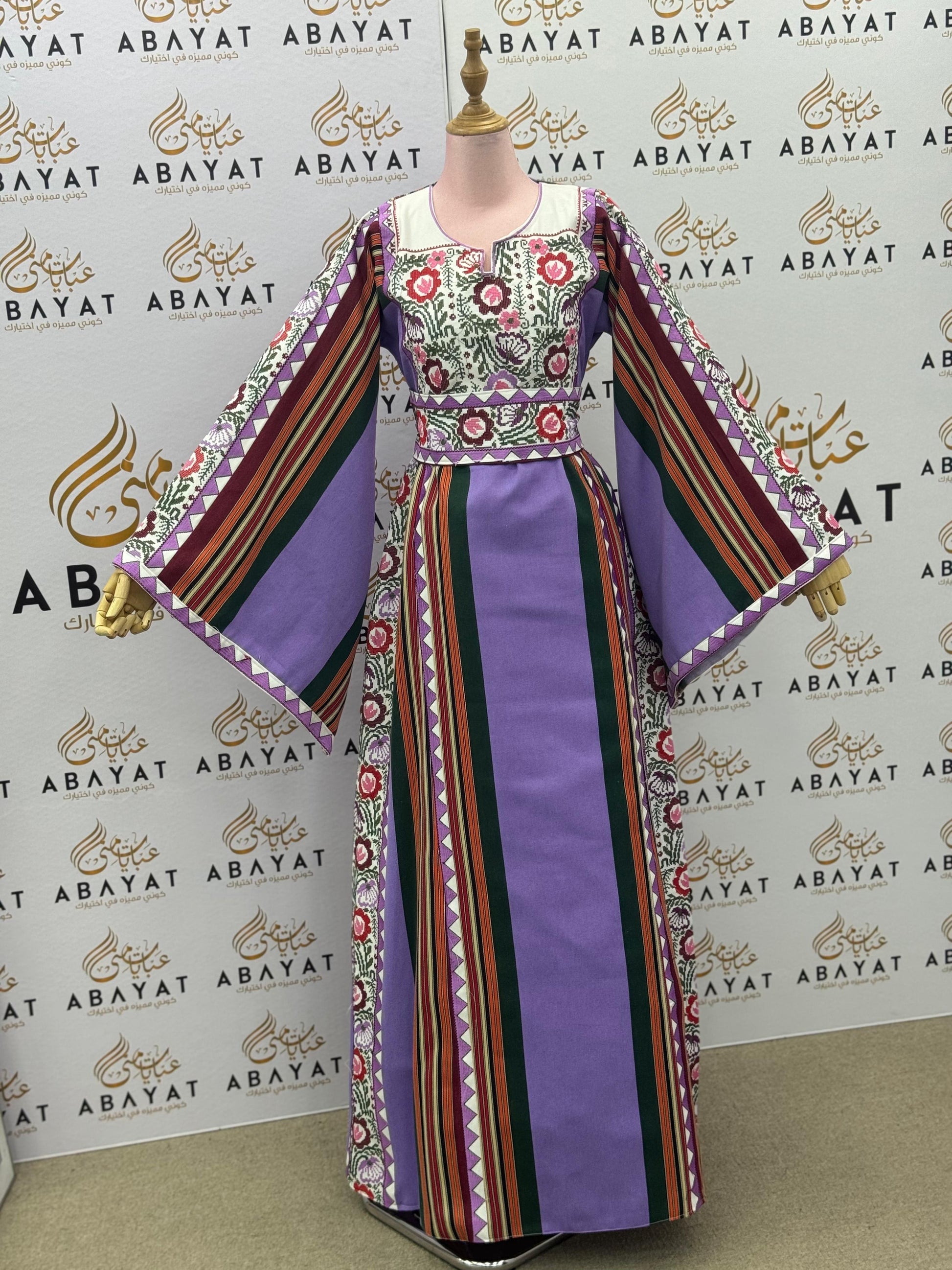 Lilac & Floral Palestinian Thobe – Traditional Embroidered Maxi Dress