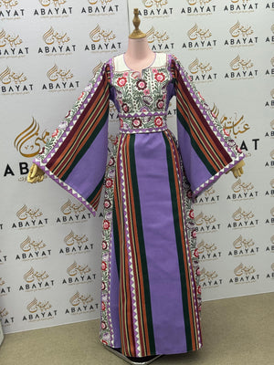 Lilac & Floral Palestinian Thobe – Traditional Embroidered Maxi Dress