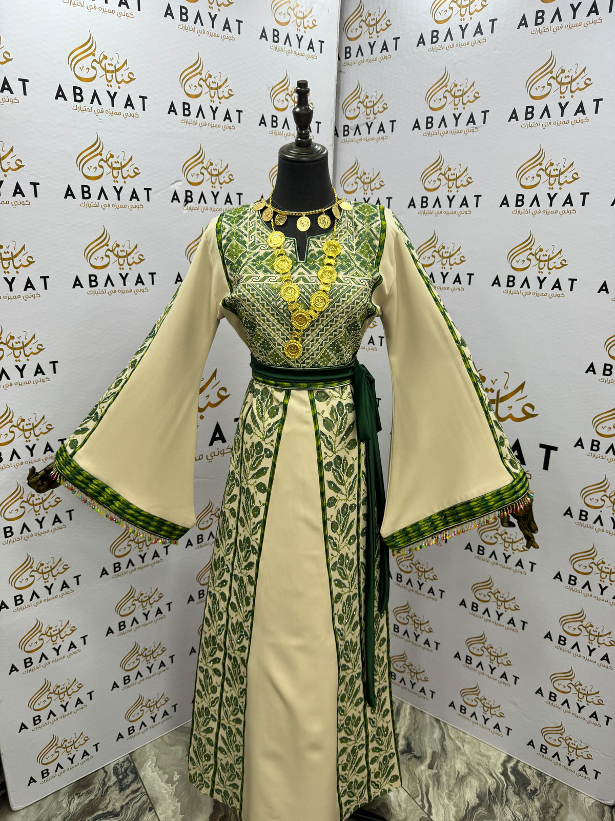 Ivory & Olive Green Palestinian Embroidered Thobe