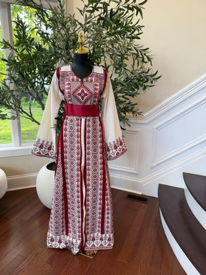 White Traditional Embroidery Red Tatreez Thobe
