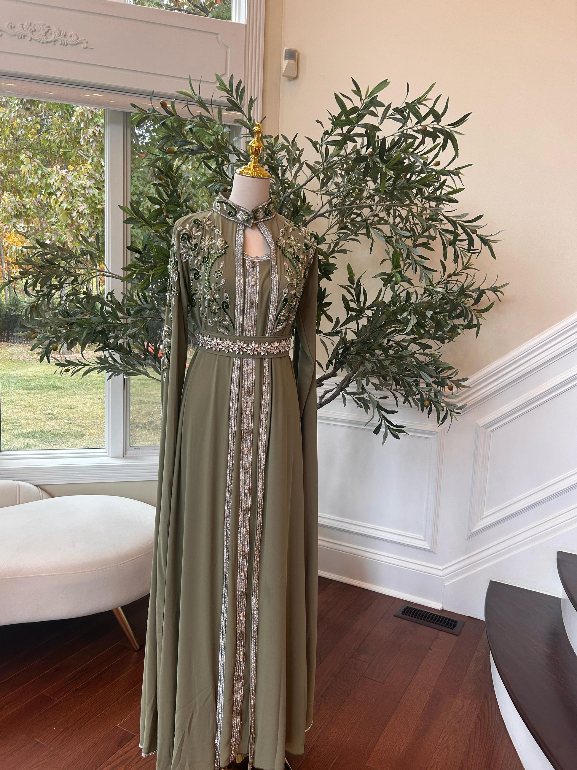 Olive Beaded Stone Kuftan