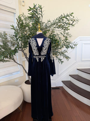 Navy Blue Velvet Beaded Stone Charm Abaya