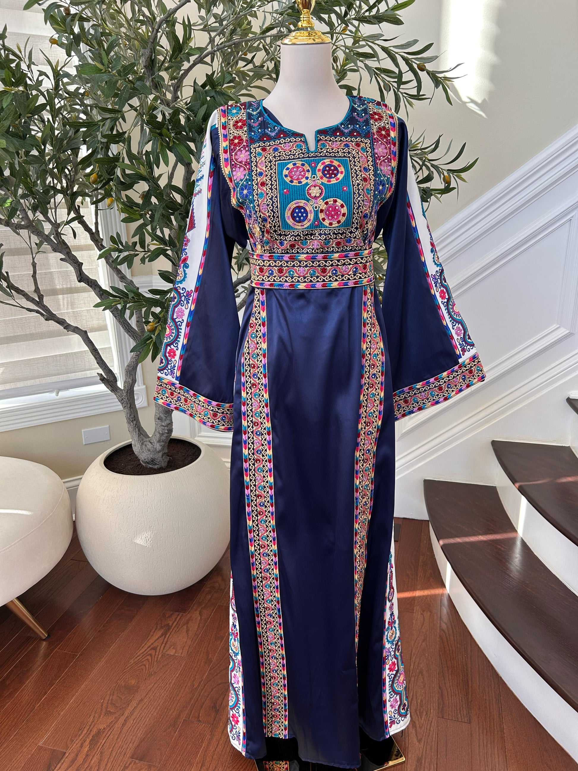 Navy Blue Satin Embroidered Tatreez Thobe