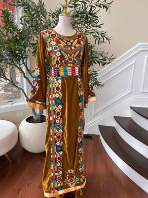Golden Mustard Velvet Beaded Stone Thobe