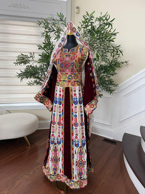 Velvet Maroon and White Traditional Tatreez Sabal Kharaz Detail Thobe