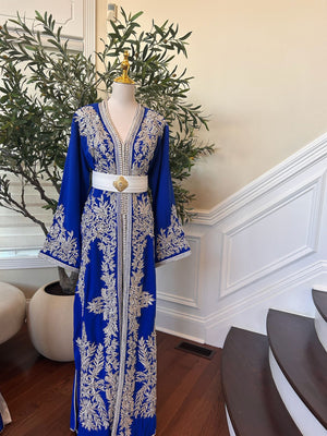 Royal Blue White Floral Detail Kuftan