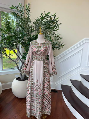 Cream Embroidery Green Tatreez Thobe