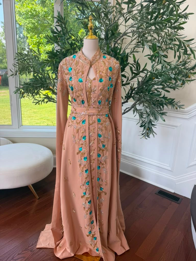 Peach Floral Sequin Beaded Kuftan