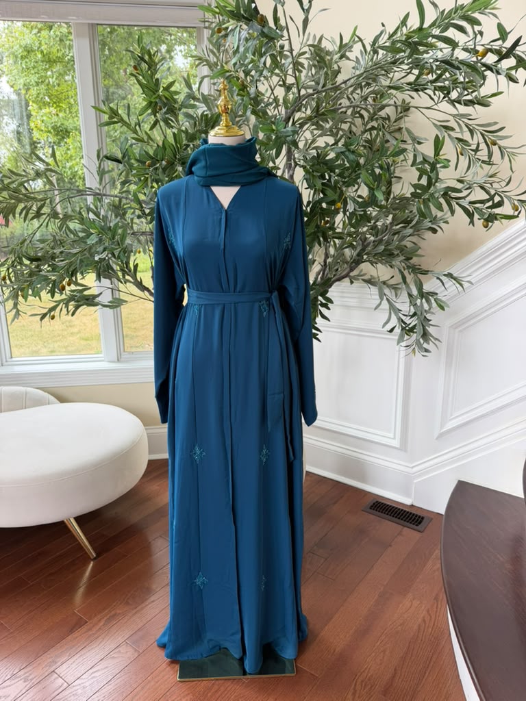 Turquoise Nada Fabric Charm Beaded Elegance Abaya