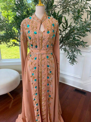 Peach Floral Sequin Beaded Kuftan