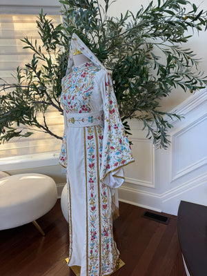 Elegant White Floral Embroidered Palestinian Thobe with Gold Detailing(scarf not included)
