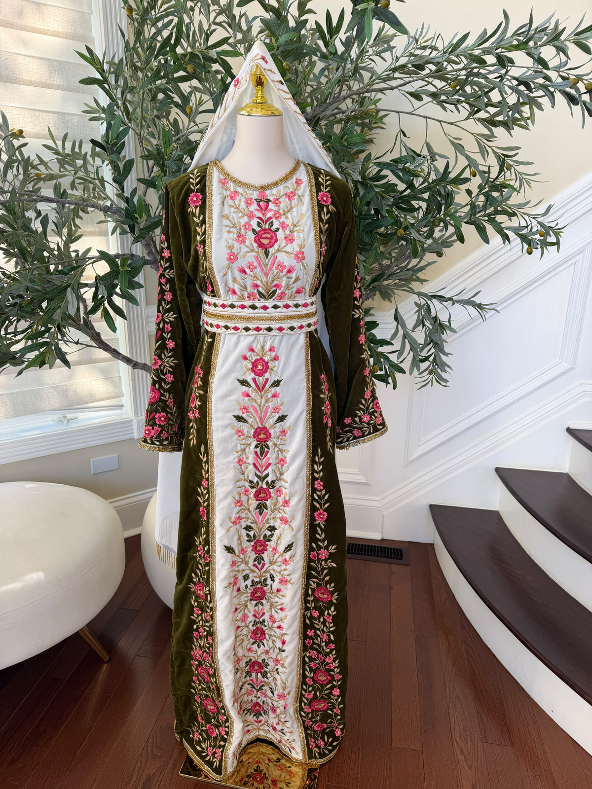 Elegant Olive Green Velvet Thobe with Pink Floral Embroidery(scarf not included)