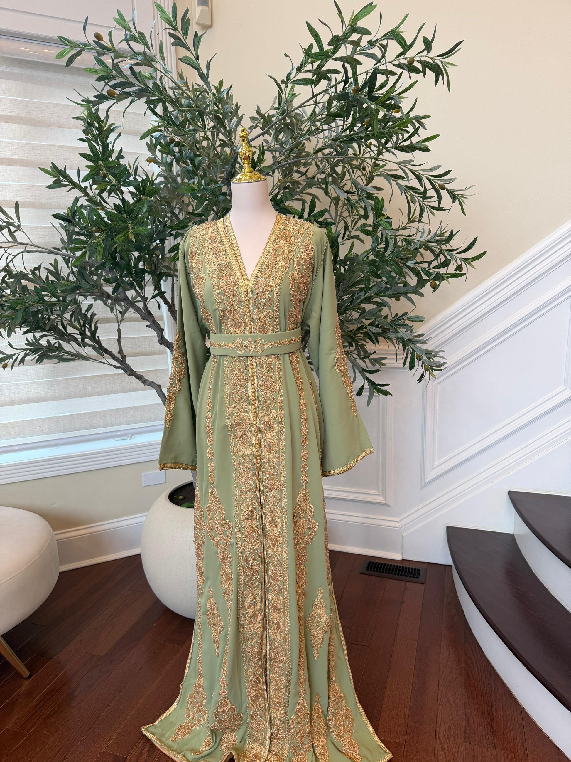Sage Green Golden Embroidery Kuftan