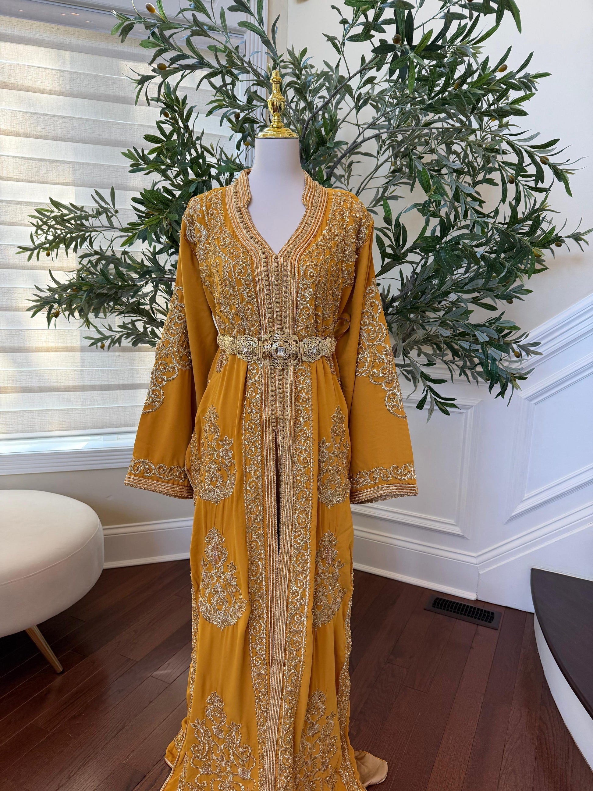 Yellow Embroidery Beaded Kuftan