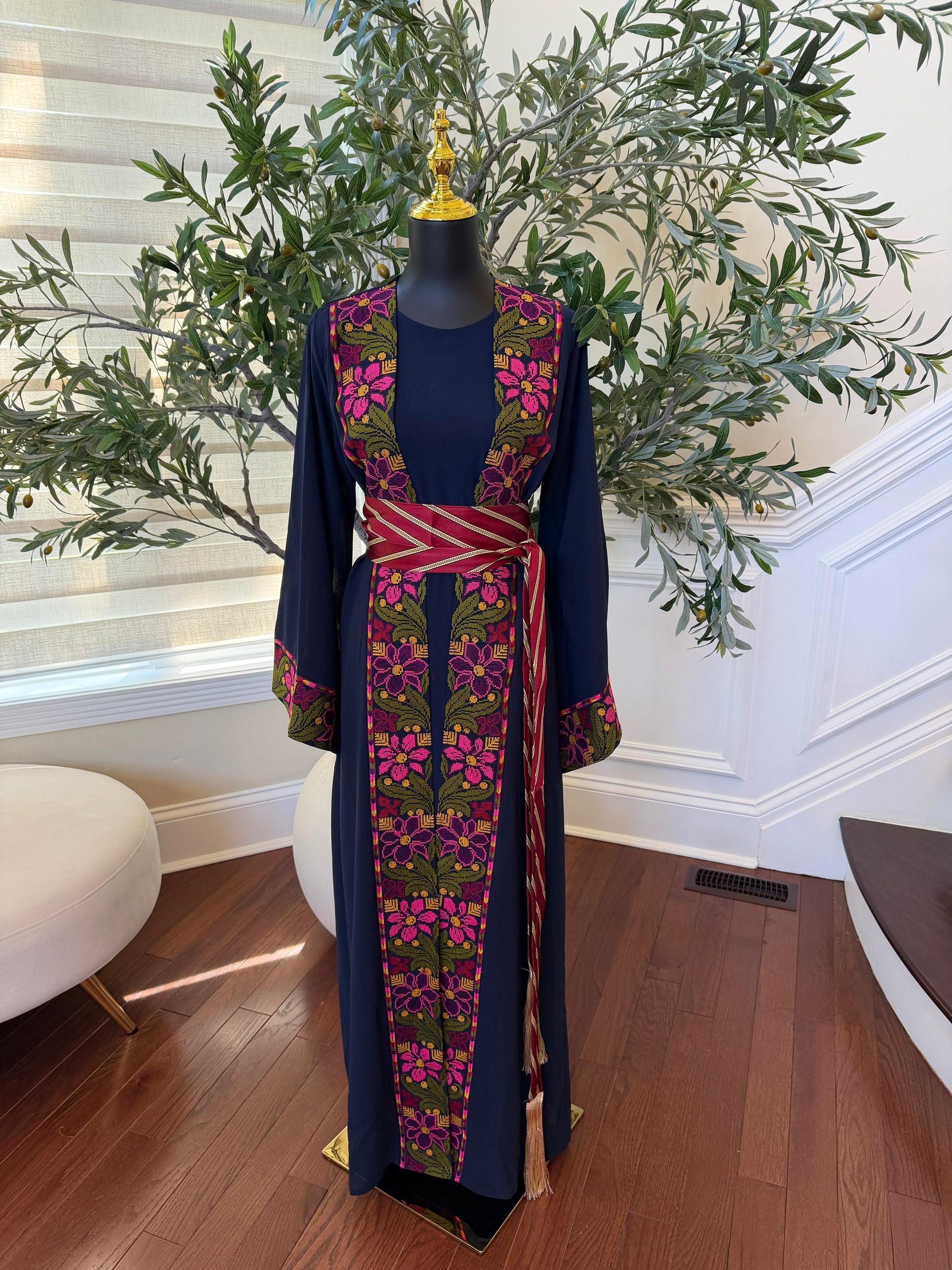Navy Blue Embroidery Floral Tatreez Thobe