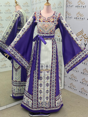 Lavender & Cream Palestinian Thobe – Mixed Fabric with Traditional Tatreez