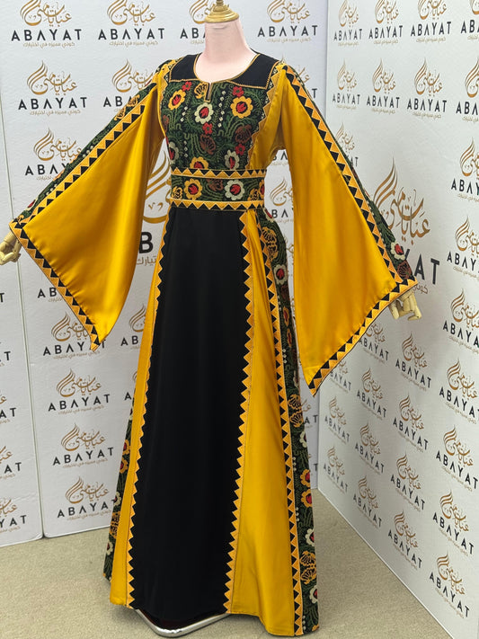 Mustard Yellow & Black Palestinian Embroidery Thobe – Heritage Floral Design A09082025