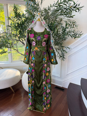 Olive Green Palestinian Stone Thobe with Vibrant Multicolor Floral Embroidery(scarf not included)