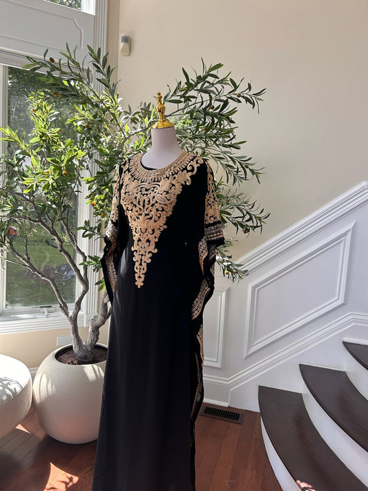 Luxury Black & Gold Embroidered Kaftan Gown