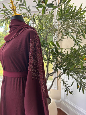 Floral Burgundy Sleeve Charm Abaya
