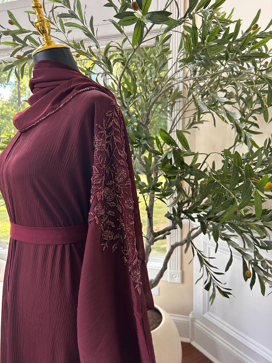 Floral Burgundy Sleeve Charm Abaya