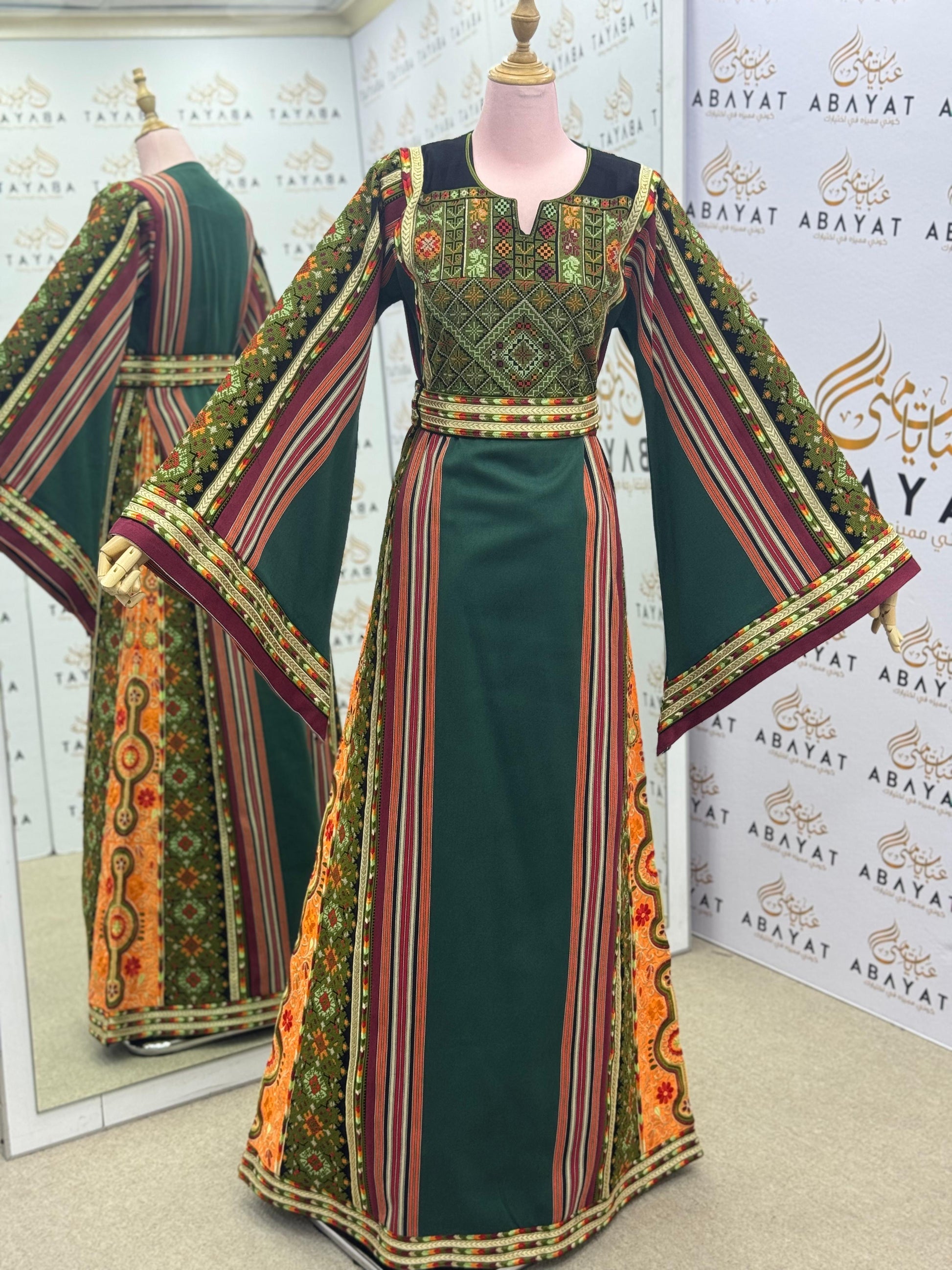 Palestinian Thobe – Green on black with Multicolor Embroidery & Stripes A09092025