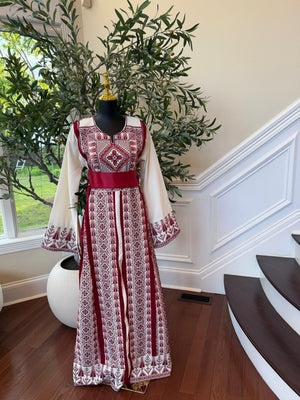 White Traditional Embroidery Red Tatreez Thobe